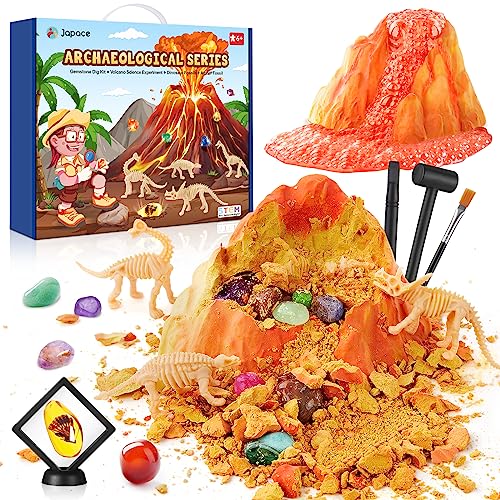 Japace Kit de Excavación para Niños, Excava 12 Piedras Preciosas y 4 Dinosaurios y Fosiles de Ámbar, Kit de Excavación de Gemas, Juegos y Juguetes Científico y Educativo para 5 6 7 8 9 10 Años