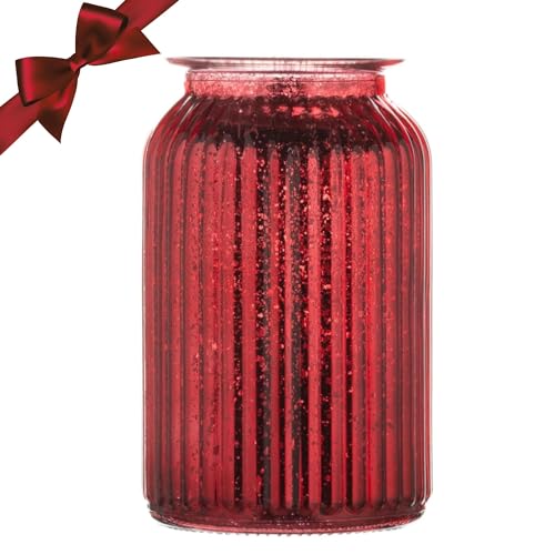 Jarrón rojo con purpurina para flores, diseño metálico, 18,5 cm, jarrón de cristal acanalado, adorno rojo, jarrón decorativo de cristal rojo para añadir brillo a tu hogar