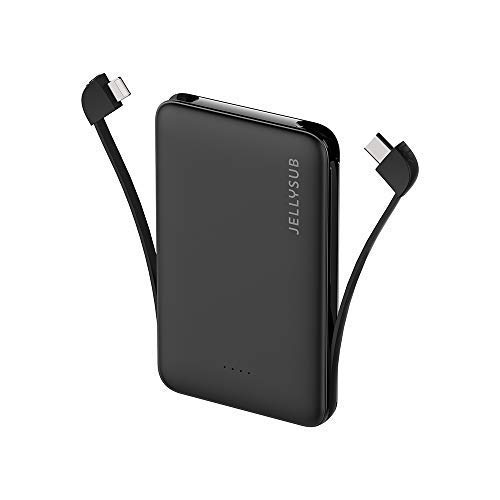 Jellysub 5000mah Power Bank Cargador Portátil Ultra Compacto con Cables incorporados, batería Externa Banco de energía Delgado para iPhone, iPad, Airpods, teléfonos Sumsung USB C, etc.(Negro)