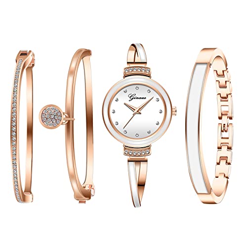 JewelryWe Reloj de Pulsera para Mujer Elegante,Juego de Reloj Pequeño con 3 Pulseras, Blanco, Regalo para Mujer