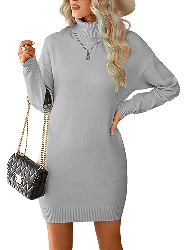 JFAN Vestido de Punto para Mujer on Cuello Alto Vestidos de Jersey Elegantes de Invierno Midi Vestidos Casual para Mujer Gris M