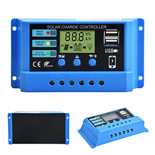 Jinlaili 30A Controlador de Carga Solar,Regulador de batería,12V/24V Panel Solar Inteligente Regulador Carga Solar con Pantalla LCD y Doble Puerto USB