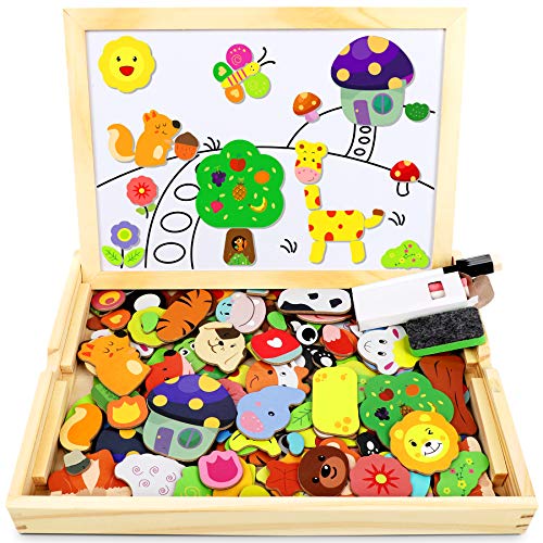 Jojoin 110 pcs Puzzles de Madera, Juguete Educativo con Pizarra Magnética para Dibujo de Doble Cara, Rompecabezas para NIños de 3 4 5 Años (Animales en Bosque)