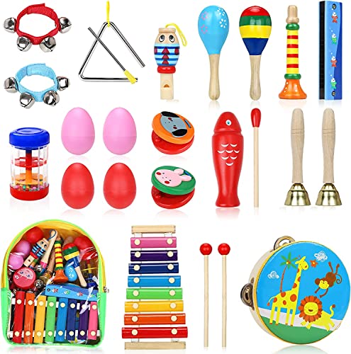 Jojoin 24 Pcs Juguetes Instrumentos Musicales, 14 Tipos de Juguetes de Instrumentos, Instrumentos Musicales Madera, Educativo Bebés, Juguete y Regalos para Niños de Navidad y Cumpleaños etc