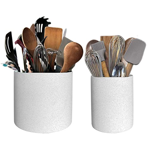 Juego de 2 utensilios de cerámica endurecida blanca con manchas negras, 16 cm + 11 cm, soporte para utensilios de cocina y baño