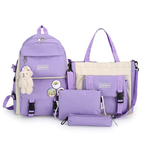 Juego de 4 bolsas escolares Kawaii, mochilas para niñas adolescentes, mochila estética con accesorios, Purple, L