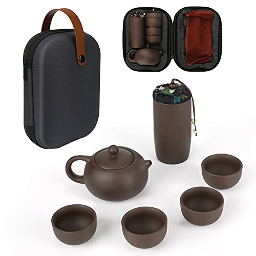 Juego de té Portátil E-More, Tetera de Cerámica Hecha a Mano con Arena Morada con Caja, Juego de té Kung Fu, Juego de Tetera Pequeña 4 Tazas de té, Tetera y Paño de Cocina con Bolsa de Viaje Portátil