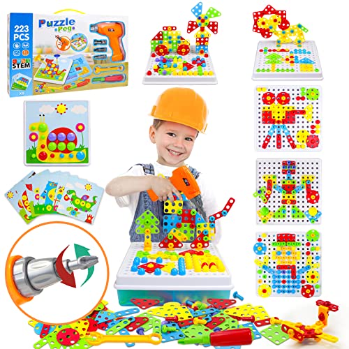 Juguetes Niños 3 4 5 6 Años Herramientas Juguete Puzzles 3D Construcciones para Niños Manualidades Niños con Taladro Eléctrico Mosaicos Juegos Educativos Niños 3 Años Regalos Juegos de Mesa, 223 Pcs