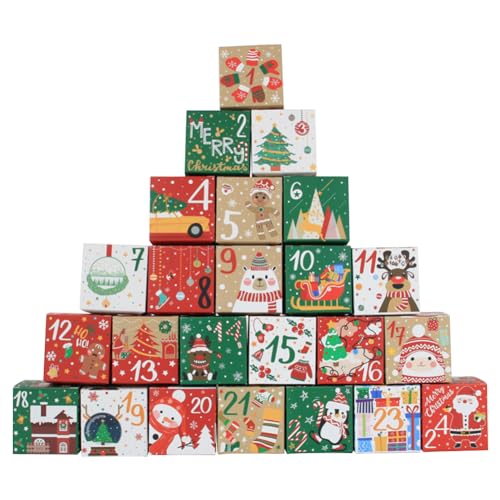 Julydeer Cajas de embalaje de Navidad de 7 x 7 x 7 cm, calendario de Adviento sorpresa, 24 unidades, caja de dulces, caja de regalo de galletas, cuenta regresiva para regalo de fiesta de Año Nuevo (A)