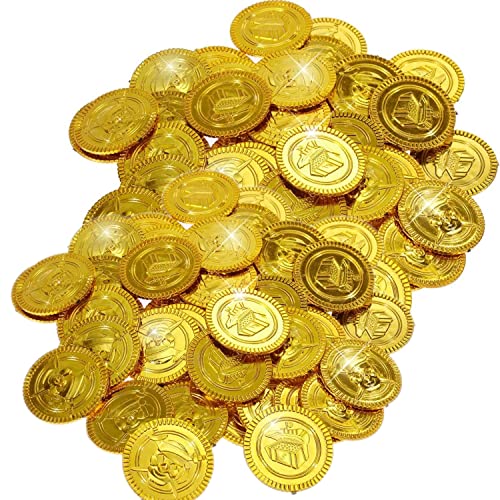 JZK 100 x Monedas de Oro de plástico Falso Pirata búsqueda del Tesoro Monedas Juguetes para niños Fiesta Favor Bolsas de Fiesta para Halloween/Navidad/Fiesta de cumpleaños de niños