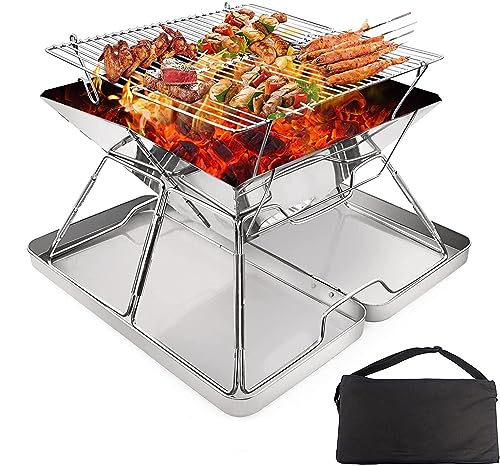 KAHEIGN Pozo de Fuego de Acero Inoxidable, Parrilla Plegable para Barbacoa Fogata Portátil Parrilla de Carbón de Leña Elevable para Cámping Picnic Jardín - con Caja de Hierro, Bolsa de Transporte