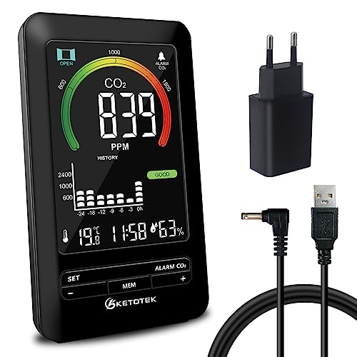 KETOTEK Medidor de CO2, Detector de CO2, Monitor de Calidad del Aire analizador con Alarma, Detector de dióxido de Carbono, Temperatura, Humedad