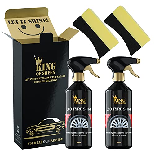 King of Sheen Eco Tire Shine Twin Pack, 2 x Neumático Negro y 2 x Aplicador Esponja, mejora sin esfuerzo la apariencia de sus ruedas. Botellas de 500 ml