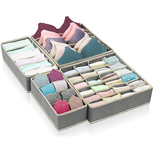 KIPIDA Organizador, de Cajones Robusto, 4 Cajas Plegable de Almacenamiento para Sujetadores, Ropa Interior,Calcetines, Corbatas, Bufandas y Pañuelos-Gris