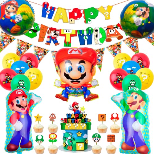 Kit Cumpleaños Super Mario, 44pcs Decoración Cumpleaños Mario Bross Cumpleaños Pancarta Globos Cake Topper etc Mario Decoración de Fiestas Temáticas