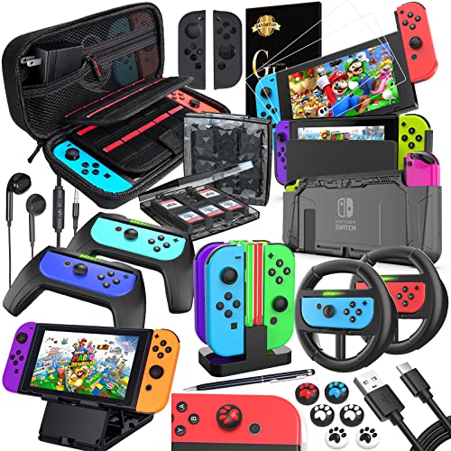 Kit de Accesorios 18 en 1para Nintendo Switch, con Protector de Pantalla, Soporte para Juegos, Tapa del Interruptor, Tapa del Joystick, protección del Cargador para Joy-con Joystick