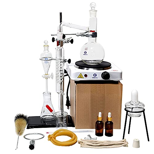 Kit de cristalería purificadora de dispositivo de destilación y extracción de aceite esencial de laboratorio de 500 ml (0,13 galones) (con estufa de aire caliente)