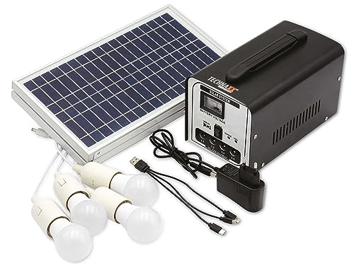 Kit de estación solar de 18W TX-200 de Technaxx con panel solar plegable de 18 W, y 4 bombillas LED - hasta 36 horas de funcionamiento, puerto USB, batería recargable SLA