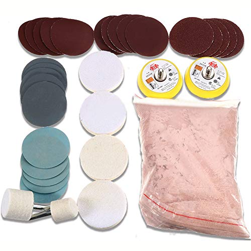 Kit de pulido de vidrio 34 removedor de arañazos profundos 8 oz 230 g polvo de óxido de cerio y almohadillas de pulido Disco de lijado de 50 mm / 2 pulgadas