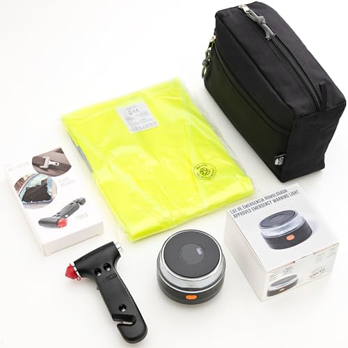 Kit Emergencia y Seguridad Coche, Homologado por DGT: Luz de Emergencia, Chaleco Reflectante, Linterna LED, Martillo Rompecristales, Cuchilla Cortacinturones, Neceser. Asistencia Carretera y Averías