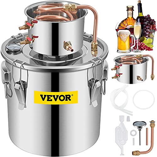 KITGARN - Destilador de agua de acero inoxidable para alcohol casero, tubo de cobre, kit para destilación casera con termómetro integrado para elaborar whisky, vino o brandy caseros, color plateado