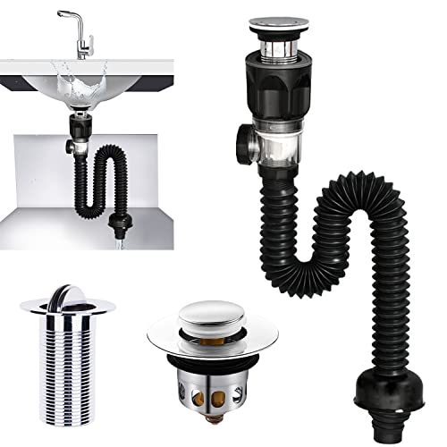 Kits Desague Lavabo, Sifon Fregadero, Manguera de Drenaje Flexible, Extensible de 300-955 mm para Baños, Cocinas (Negro)