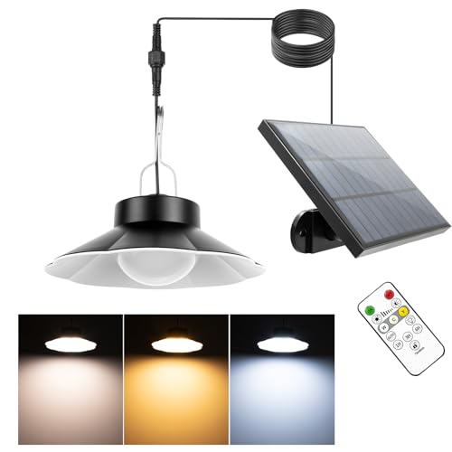 Lámpara colgante solar para exteriores, lámparas solares para exteriores en interiores, lámpara solar impermeable IP65 de 3 temperaturas de color colgante con control remoto para jardín/balcón/patio