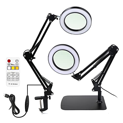 Lámpara de Aumento 10X Lampara con Lupa Lámpara de Escritorio LED Ajustable Regulable 3 Colores con Telemando Plegable Giratorio (Aumento de 10 x/Potencia 12W /Base, Negro con Base)