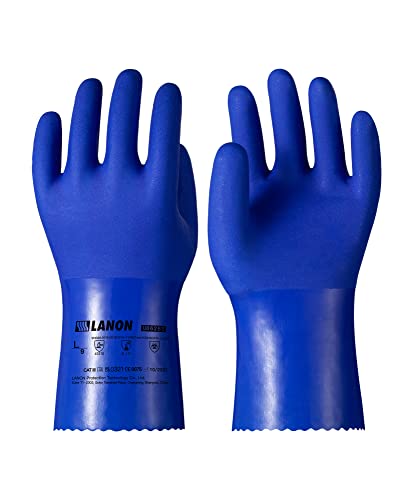 LANON PVC Guantes de Protección Química, Guantes de Trabajo Pesados, Impermeables, Antideslizante, Protección Ácida, Álcali y Aceite, Talla L