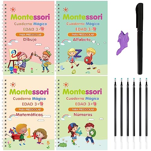 Larcenciel Cuadernos Reutilizables Caligrafia Español para Niños, 4 Libros Cuaderno Magico Caligrafia + 1 Bolígrafo + 5 Recambio, Magic Book para Aprender a Escribir Leer de Niños 3 4 5 Años (13×19cm)