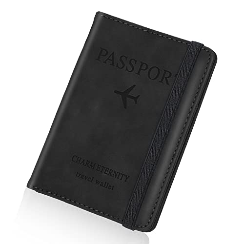 Larkumio Funda Pasaporte Portadocumentos Viaje, Porta Pasaportes para Viaje con Bloqueo RFID, Cuero de PU Porta Documentos para Mujer Hombre Accesorios de Viaje (Negro)