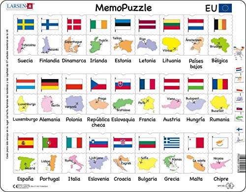 Larsen GP2 MemoPuzzle. Nombres, Banderas y Capitales de los 27 Estados Miembros de la UE., edición en Español, Puzzle de Marco con 54 Piezas