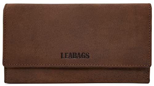 LEABAGS Billetera para Mujer | XXL de Cuero Genuino | Protección RFID | Compartimento para Monedas | 18 Compartimentos para Tarjetas | Cartera con Costura Reforzada | Marrón Oscuro Natural