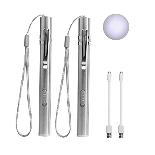 LEAGY 2 Paquetes Bolígrafo de Luz, luz médica, luz de pluma de enfermera, linterna LED recargable por USB, acero inoxidable con clip de bolsillo y cordón para cuidado personal, iluminación