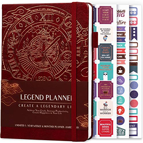 Legend Planner - Planificador de vida semanal y mensual de lujo para alcanzar tus metas y vivir más feliz. Organizador, cuaderno de productividad - A5, Sin fecha - Vino Tinto