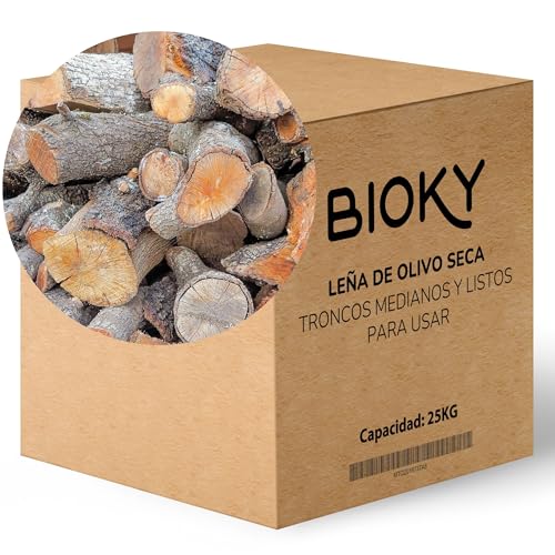 Leña de Olivo 25kg – Leña para Chimenea, Estufa y Barbacoa – Leña Seca para Horno – Troncos de Madera para Chimenea – Aroma Agradable para Hogar – Alto poder Calorífico - Origen Poda Controlada España