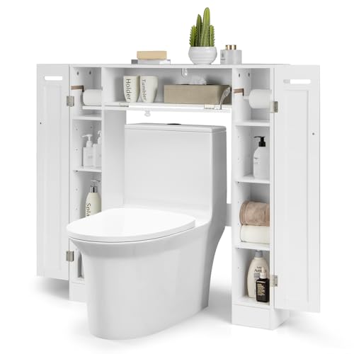 LIFEZEAL Mueble de Almacenamiento Pequeño sobre el Inodoro con 2 Portarrollos, Armario sobre Inodoro con Estantes Ajustables y 6 Compartimentos, Mueble de Baño de Madera, 89x19,5x99cm, Blanco