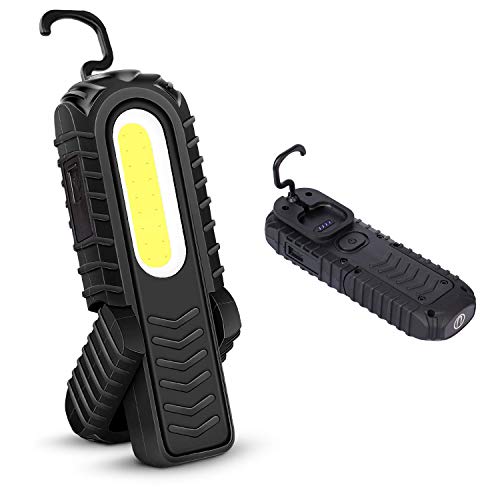 Linterna de Trabajo LED Recargable,Luz de Trabajo Super Brillante LED Parte Delantera de 5W COB LED con Base Ajustable, Gancho e Imán para Hogar, Taller, Automóviles, Camping, Emergencia (Negro)