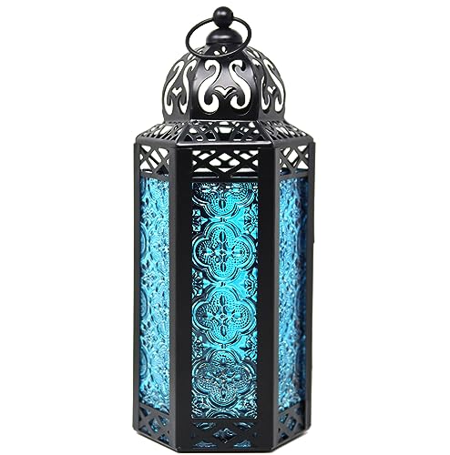Linterna de Vela de Estilo marroquí de Vidrio Azul