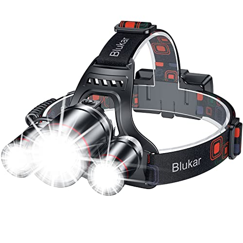 Linterna LED Recargable, Blukar 8000L Superbrillante Impermeable Linterna Cabeza con Roja luz de advertencia - 90° Ajustable Luz Frontal con Funcion de Zoom