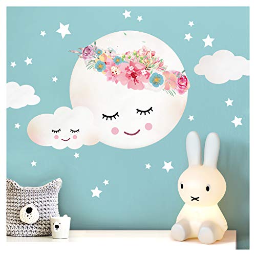 Little Deco DL264 - Adhesivo decorativo de pared para habitación de niños, niñas y bebés con diseño de luna, nubes, estrellas y flores II, autoadhesivo infantil - 40 x 29 cm (ancho x alto)