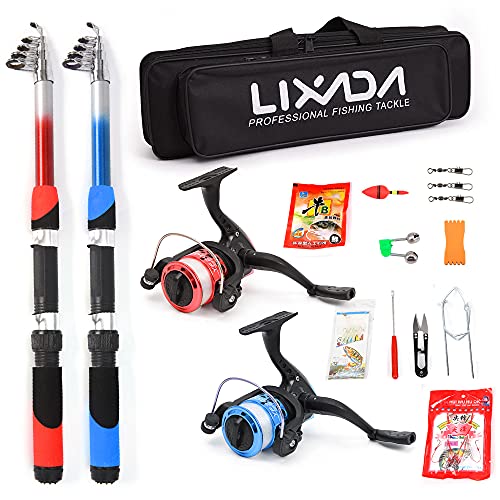 Lixada Kit Completo de Carrete de Caña de Pescar con 2 Cañas de Pescar Telescópicas de 2,1 m, 2 Carretes Giratorios, Señuelos de Pesca, Anzuelos, Accesorios, Bolsa de Pesca multicolor