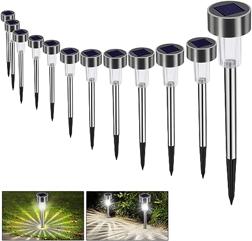 Luces Solares Jardín LED Bawoo 12 Pack Jardín Lámpara de Camino de Paisaje Iluminación de Exterior Impermeable IP65 Luce de Solare Acero Inoxidable Blanco Para Patio Césped Pasillo Terraza Sin Cables