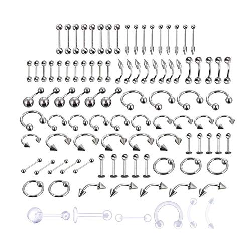 LuLyL 92 piezas Piercing (92 piezas), 16 316L Acero inoxidable 6 piezas Anillos de ombligo transparentes para cuerpo, lengua, nariz, orejas, pezones, labios, cejas, cartílago