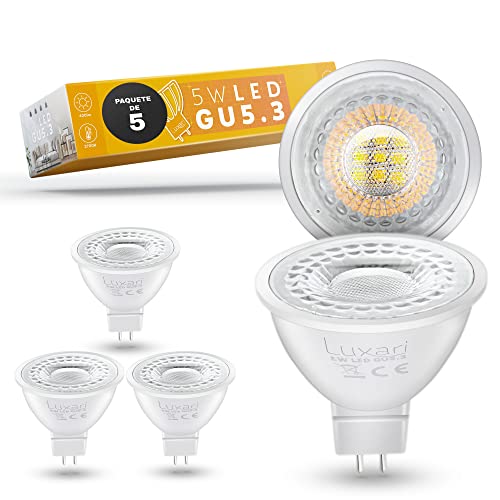 Luxari GU5.3 Lámpara LED [5x] - LED MR16 - Equivalente a una lámpara halógena de 50W - Bombilla LED 5W 420lm - GU 5.3 LED Spot con 2700K blanco cálido [Clase de eficiencia energética A+]