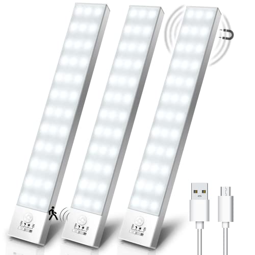 Luz LED Armario Luces con Sensor de Movimiento Blanco Natural 4 Modos luz del gabinete Adhesiva Magnética USB Recargable 1000mAh Luz Nocturna Lámpara para Sótano, Baño,Mesa de cosmética-3 Piezas