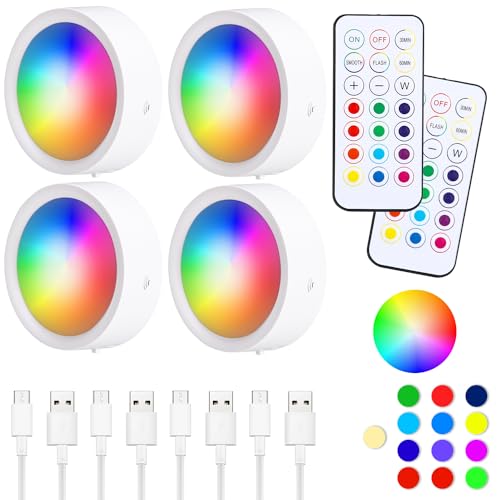 Luz LED Armario Recargable USB 4pcs, Luz Nocturna Inalámbricas 1000mAh, 13 Colores Luces Regulables, con Mandos a Distancia, Luz de Escalera Cocina con Temporizador, Magnético(con Adhesivo de Metal)