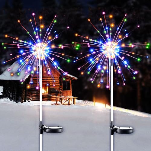 Luz solar de fuegos artificiales, 120 ledes, resistente al agua, para exteriores, 2 modos de iluminación, para exteriores, terraza, césped, jardín, patios traseros, caminos (2 unidades, multicolor)