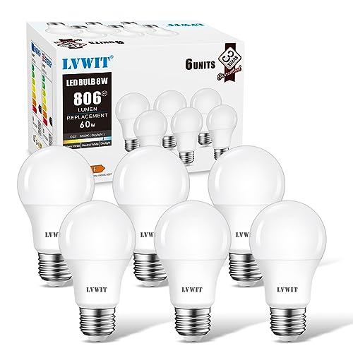 LVWIT Bombillas LED E27, 8W Equivalente a 60W, 6500K Luz Blanca Fría, 806 LM, Bajo Consumo, El Ángulo del Haz 150°. No Regulable - Pack de 6 Unidades.