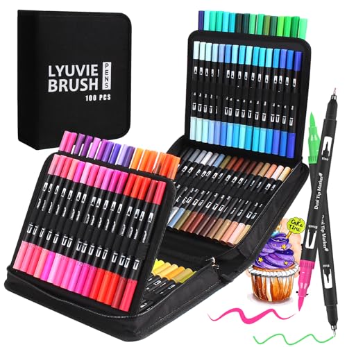 Lyuvie 100 Colores Rotuladores Lettering con Doble Punta Pincel/Fina para Adultos, Artistas, Niñas, Principiantes, Caligrafía, Dibujar